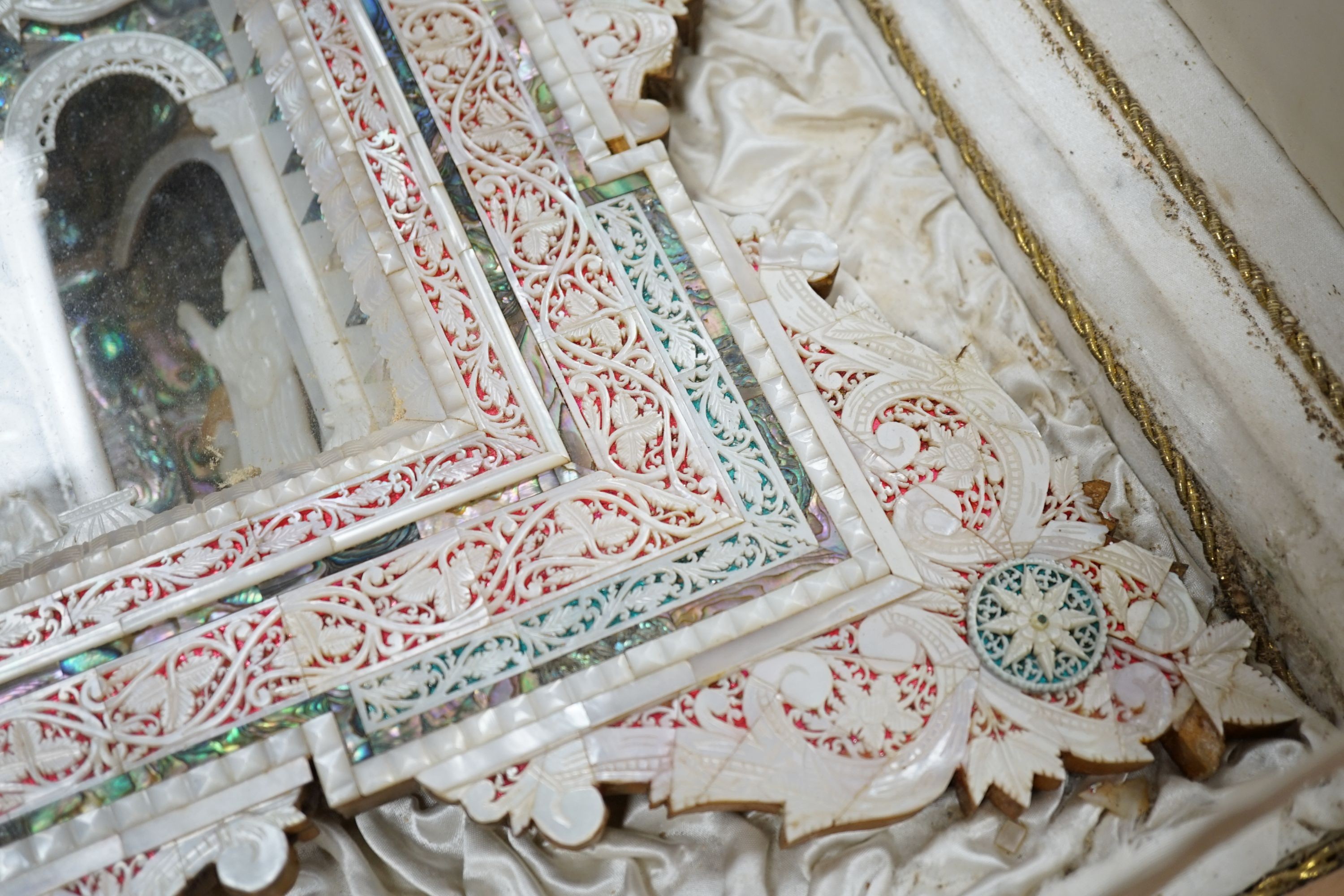 A mid 20th century mother-of-pearl and abalone easel shrine presented by the President of the Senate of Jordan